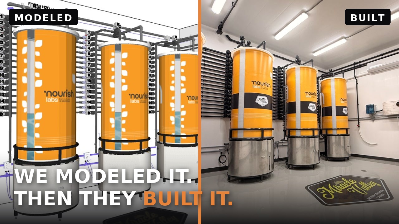 Nourish Labs bioreactors — SRM Modeling 3D model beside the built facility