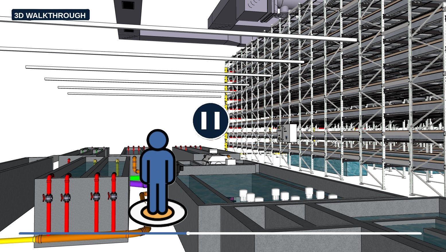 Paused 3D walkthrough inside an aquaponic facility